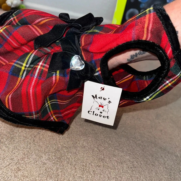 Red Tartan Plaid Christmas Dress with bows and Gems for Dogs Size Small - Picture 6 of 8